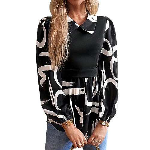 Ausla Frauen Gefälschte Zwei Stück Hemd Patchwork Druck Lange Ärmel Drehen Unten Kragen Top Casual Lose Stilvolle Pullover Bluse (Weiße Blumen auf schwarzem Hintergrund) von Ausla