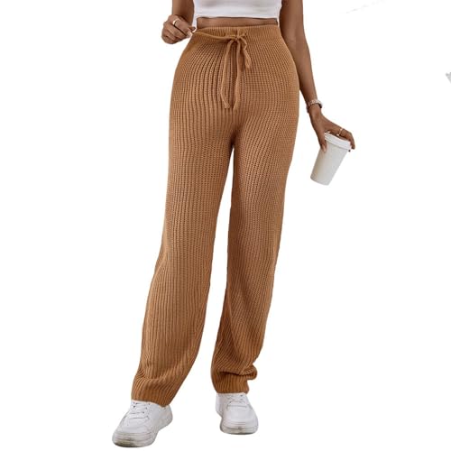 Ausla Frauen Gestrickte Hosen Kordelzug Verschluss Hosen Hohe Taille Lange Hosen Freizeit Hosen Casual Loungewear (L) von Ausla