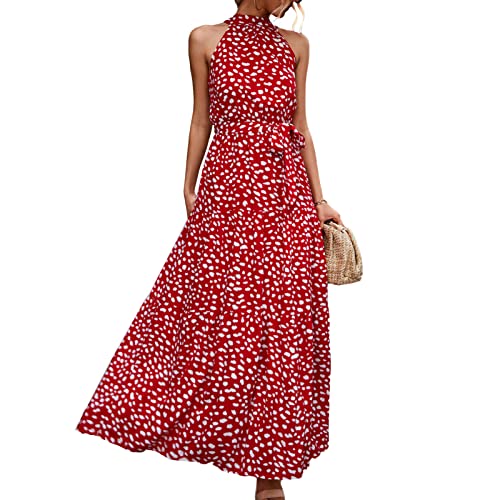 Ausla Frauen Sommerkleider Boho Langes Kleid Ärmellos Neckholder Beach Party Kleid Sommer Sexy Kleid(M-Rot) von Ausla