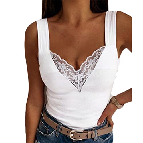 Ausla Frauen V Ausschnitt Casual Ärmellos Hemd Bluse Sommer Spitze Besatz Camisole Tank Weste Top, weiß, Small von Ausla