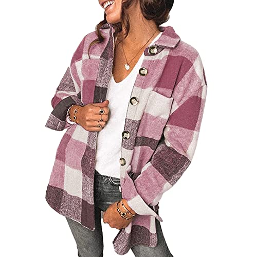 Ausla Hemdjacke Damen Karierte Bluse Mantel Hemdjacke Holzfällerjacke Langarm Jacke Einreihige (L-Rosa) von Ausla