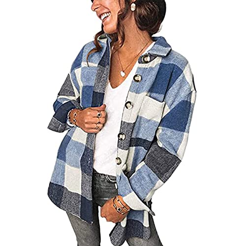 Ausla Hemdjacke Damen Karierte Bluse Mantel Hemdjacke Holzfällerjacke Langarm Jacke Einreihige (XL-Blau) von Ausla