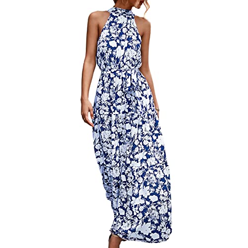 Ausla Kleid Damen Elegant Sommerkleid ärmelloses atmungsaktives Druckmuster Langes Kleid mit Neckholder (L-Blaues Blumenmuster) von Ausla