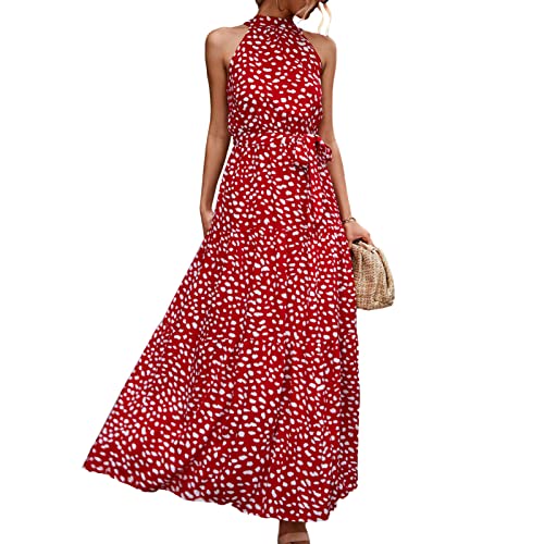 Ausla Kleid Damen Elegant Sommerkleid ärmelloses atmungsaktives Druckmuster Langes Kleid mit Neckholder (L-rot) von Ausla