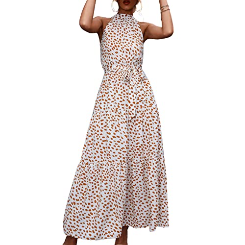 Ausla Kleid Damen Elegant Sommerkleid ärmelloses atmungsaktives Druckmuster Langes Kleid mit Neckholder (S-Beige) von Ausla
