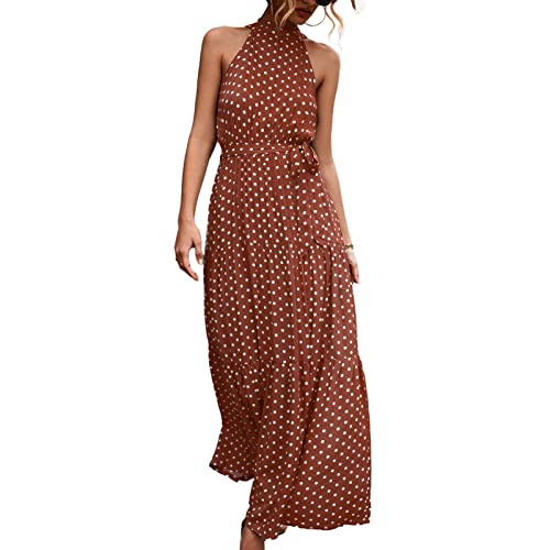 Ausla Kleid Damen Elegant Sommerkleid ärmelloses atmungsaktives Druckmuster Langes Kleid mit Neckholder (XL-Kaffee) von Ausla