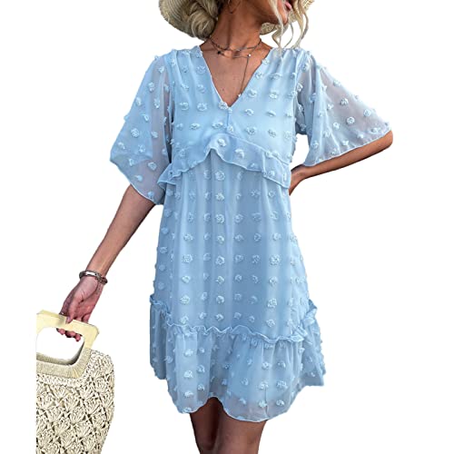Ausla Kurzärmliges Damenkleid mit V-Ausschnitt, Geschichtete Spitzennähte, Lässiger Stil, Lockeres Babydoll-Kleid für Den Sommer(M-Hellblau) von Ausla