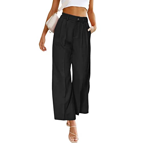 Ausla Leinenhose Damen Lang Culotte High Waist Sommerhose Elegant Bequem Stoff Luftig Locker Stoffhose mit Tasten (L) von Ausla