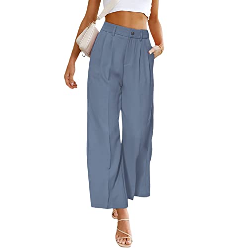 Ausla Leinenhose Damen Lang Culotte High Waist Sommerhose Elegant Bequem Stoff Luftig Locker Stoffhose mit Tasten (XL) von Ausla