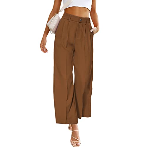 Ausla Leinenhose Damen Lang Culotte High Waist Sommerhose Elegant Bequem Stoff Luftig Locker Stoffhose mit Tasten (XL) von Ausla