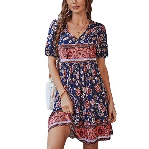 Ausla Locker Blumendruck Rüschensaum Kleid für Frauen, Sommer Casual Floral Printing Sexy V Ausschnitt Träger Kurzarm Kleid, marineblau, Small von Ausla