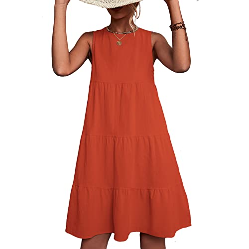 Rundhals T-Shirt Patchwork Kleider Damen Sommerkleid Casual Ärmelloses Kleid mit Geraffte Büste und Rückenknopf Strandkleid Knielang Einfarbig Locker Swing Kleid (XL-Orange) von Ausla
