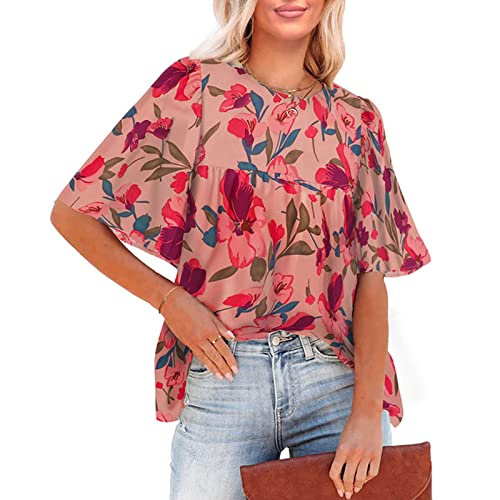 Ausla Sommer-Blumendruck-Flare-Kurzarm-Faltenbluse für Damen, Lässiger Rundhalsausschnitt, Lockere Passform, Tunika-Oberteil (XXL) von Ausla