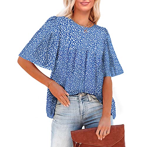 Ausla Sommer-Blumendruck-Flare-Kurzarm-Faltenbluse für Damen, Lässiger Rundhalsausschnitt, Lockere Passform, Tunika-Oberteil (XXL) von Ausla