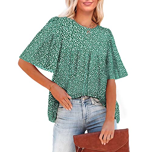 Ausla Sommer-Blumendruck-Flare-Kurzarm-Faltenbluse für Damen, Lässiger Rundhalsausschnitt, Lockere Passform, Tunika-Oberteil (XXL) von Ausla