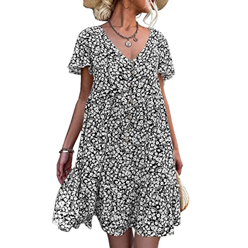 Ausla Sommer Casual Blumendruck V-Ausschnitt Kleid Flutter Kurzarm Frontknopf Rüschensaum Tea Party Kleid für Frauen(S-Schwarz) von Ausla