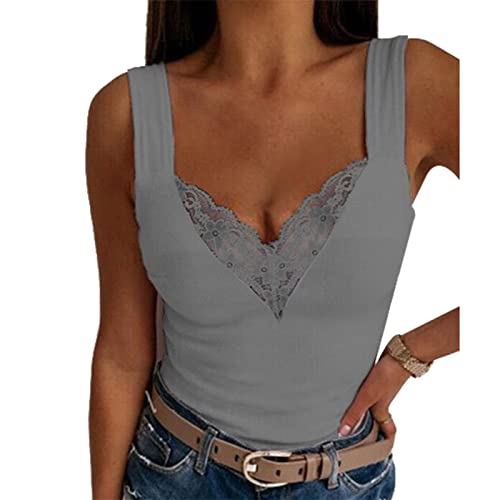 Ausla Tank Top Damen V-Ausschnitt Lässige ärmellose Hemdbluse Sommer Spitze Getrimmt Camisole Weste(2XL-Grau) von Ausla