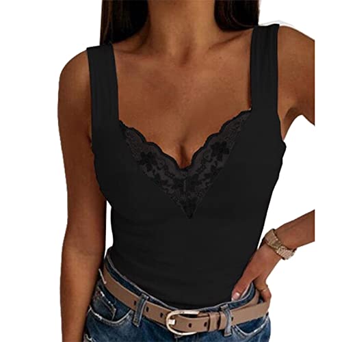 Ausla Tank Top Damen V-Ausschnitt Lässige ärmellose Hemdbluse Sommer Spitze Getrimmt Camisole Weste(2XL-Schwarz) von Ausla