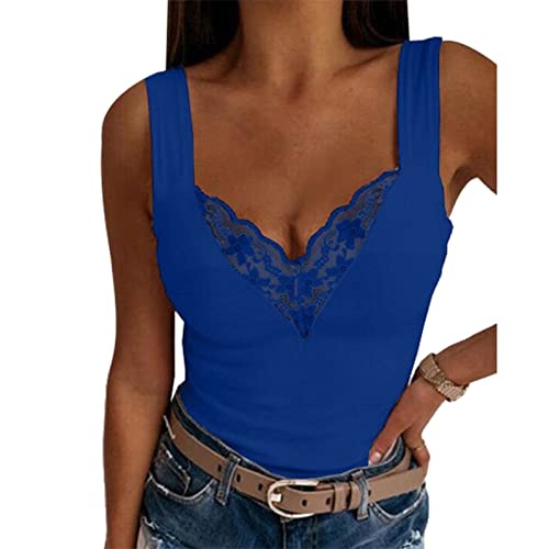 Ausla Tank Top Damen V-Ausschnitt Lässige ärmellose Hemdbluse Sommer Spitze Getrimmt Camisole Weste(L-Blau) von Ausla