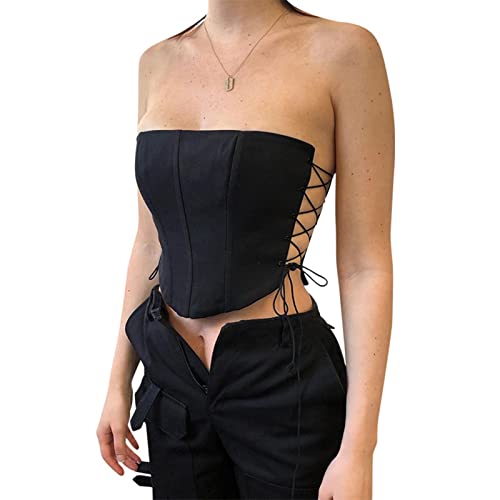 Ausla Trägerlose Crop-Tops mit Dreieckigem Saum für Damen(S-Schwarz) von Ausla