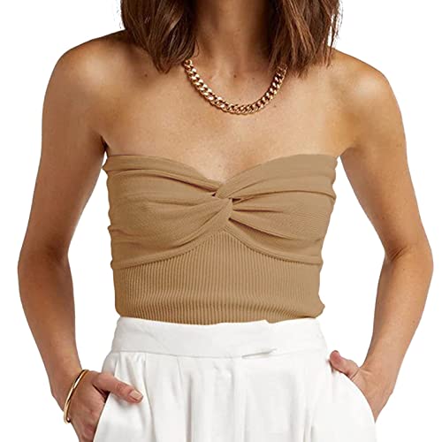 Ausla Trägerloses, ärmelloses, Rückenfreies, Schulterfreies, Figurbetontes Oberteil, Gestricktes Crop-Top, Twist-Front-Strickschlauchoberteil(L-Khaki) von Ausla