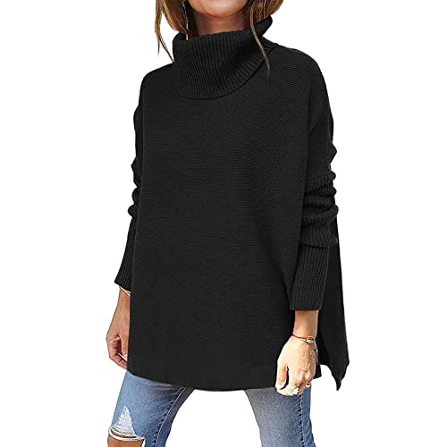 Ausla Übergroßer Rollkragenpullover für Damen, Lange Fledermausärmel, Unregelmäßiger Saum, Verschütteter Saum(XL-Schwarz) von Ausla