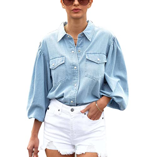 Ausla Umlegekragen Jeansbluse Jacke Einreihiger Mantel Puffärmel Jeanshemd Outwear Pattentasche Loose Fit Top (S) von Ausla