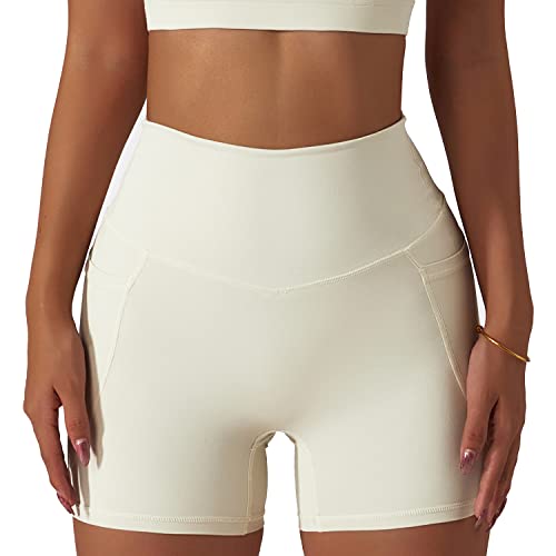 Ausla Yoga-Shorts mit Hoher Taille, Damen-Yoga-Shorts, Sporthose, Schnell Trocknend, Workout-Leggings mit Taschen(S-Creme Farben) von Ausla