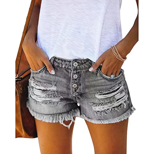 Ausla Zerrissene Denim-Shorts für Damen, Gerade Geschnittene, Kurze Jeans mit Troddelsaum (L) von Ausla