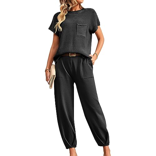 Ausla Zweiteilige Damen-Outfits, Pullover-Sets, Rippstrick-Kurzarmpullover, Oberteile, Schmal Zulaufende Hosen mit Taschen, Loungewear (S) von Ausla