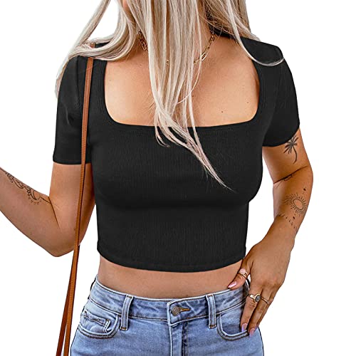 Basic Crop Tops für Damen, Rippstrick, Eckiger Ausschnitt, Kurzarm, Einfarbiges Crop-Top-T-Shirt (L) von Ausla