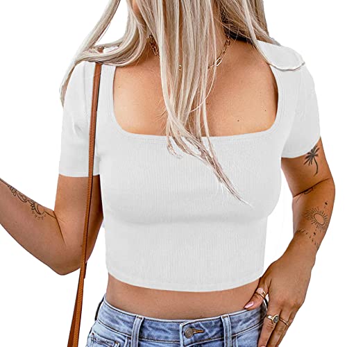 Basic Crop Tops für Damen, Rippstrick, Eckiger Ausschnitt, Kurzarm, Einfarbiges Crop-Top-T-Shirt (M) von Ausla