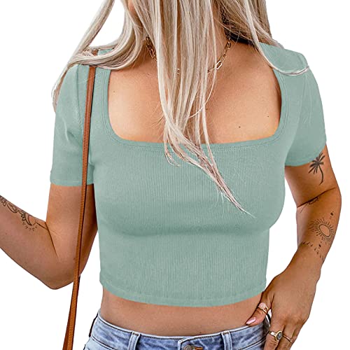 Basic Crop Tops für Damen, Rippstrick, Eckiger Ausschnitt, Kurzarm, Einfarbiges Crop-Top-T-Shirt (XL) von Ausla