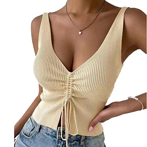 Bluse Damen Shirt ärmellose Gestrickte Kordelzug Blusen V-Ausschnitt Oberteile Sexy Tank Top (M) von Ausla