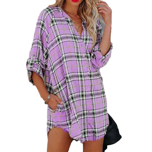 Blusenkleid Damen Kariert Elegant Hemdkleid Longbluse Button Down Langarm Shirt Hemd Freizeitkleid Tunika Kleid (XL) von Ausla