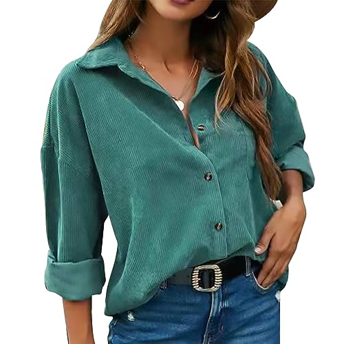 Cordhemden für Damen, Lässig, Langärmelig, Button-Down-Shacket-Jacken, Blusen, Tops mit Taschen (L) von Ausla