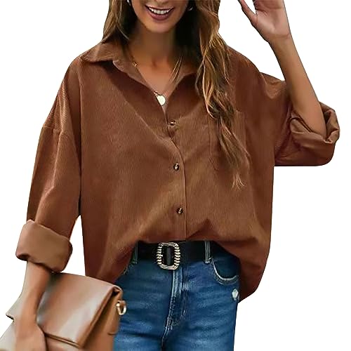 Cordhemden für Damen, Lässig, Langärmelig, Button-Down-Shacket-Jacken, Blusen, Tops mit Taschen (L) von Ausla