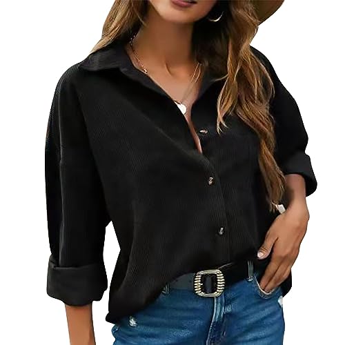 Cordhemden für Damen, Lässig, Langärmelig, Button-Down-Shacket-Jacken, Blusen, Tops mit Taschen (L) von Ausla