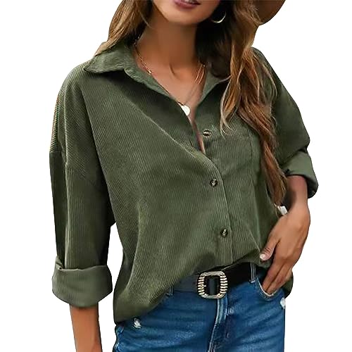 Cordhemden für Damen, Lässig, Langärmelig, Button-Down-Shacket-Jacken, Blusen, Tops mit Taschen (M) von Ausla