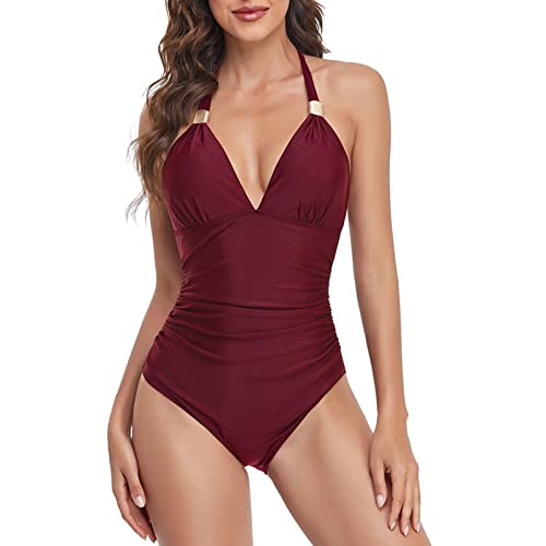 Damen Badeanzug Neckholder Einteiliger Push Up Bademode Body Schwimmanzug Swimsuit(S-Weinrot) von Ausla