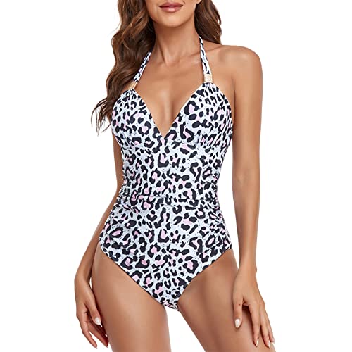 Damen Badeanzug Neckholder Einteiliger V Ausschnitt Push Up Bademode Body Schwimmanzug Swimsuit(M-Leopardenmuster) von Ausla