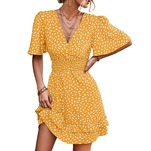 Damen Blumen Sommerkleid High Waist Kleid A-Linie Skaterkleid V Ausschnitt Rüschen Kurzarm Minikleid (L-Gelb) von Ausla