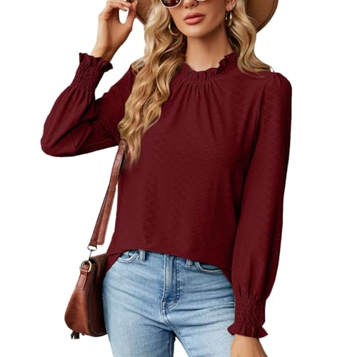 Damen-Bluse mit Gesmoktem, Gerüschten Jacquard-Langarm-Bluse, Elegantes Rüschen-Mock-Neck-Shirt, Puffärmel-Tuniken-Blusen-Top (S) von Ausla