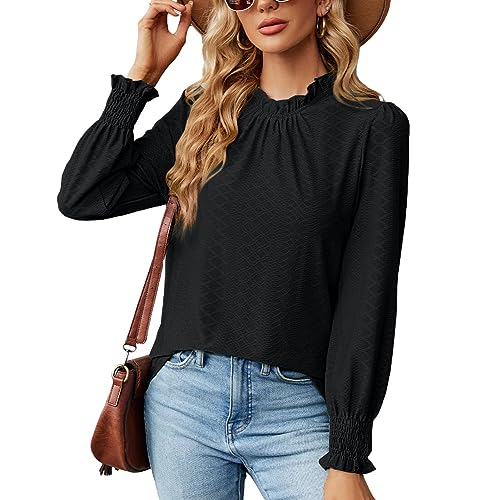 Damen-Bluse mit Gesmoktem, Gerüschten Jacquard-Langarm-Bluse, Elegantes Rüschen-Mock-Neck-Shirt, Puffärmel-Tuniken-Blusen-Top (S) von Ausla