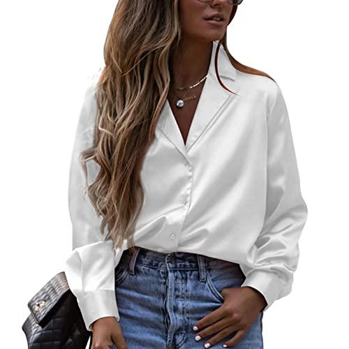 Damen Button Down Satin Bluse Tief V Revers Trendy Seide Langarmshirts Loose Slim Büro Formal Arbeit Hemd Elegant Oberteile Tops(XL-Weiß) von Ausla