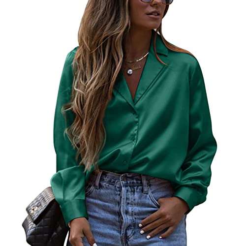 Damen Button Down Satin Bluse Tief V Revers Trendy Seide Langarmshirts Loose Slim Büro Formal Arbeit Hemd Elegant Oberteile Tops(m-Grün) von Ausla