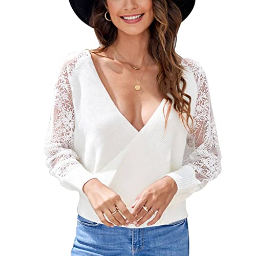 Damen Casual Lose Langarmshirt V Ausschnitt Rückenfreies Strickpullover Oberteile Spitzennähte(m-Weiß) von Ausla