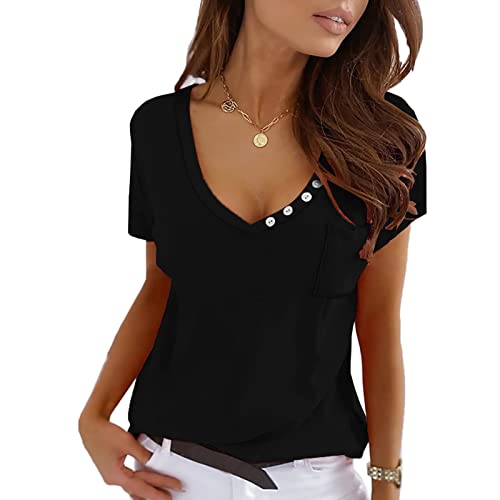 Damen Casual Top V-Ausschnitt Kurzarm Shirts Loose Casual T-Shirt Sommer Tops mit Tasche(S-Schwarz) von Ausla