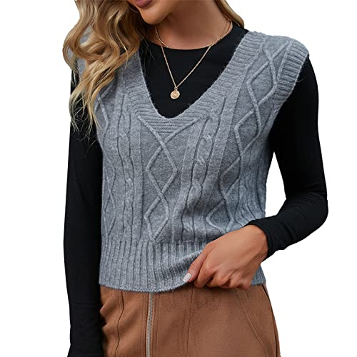 Damen Crop Pullunder V Ausschnitt Weste Strickpullover Kurz Casual Vintage Preppy Stil Zopfstrick Karo Ärmellos (S) von Ausla