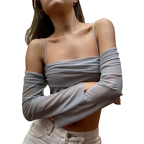 Damen Crop Top T-Shirt mit Gerüschtem Mesh und Langen Ärmeln, Schulterfrei (L) von Ausla